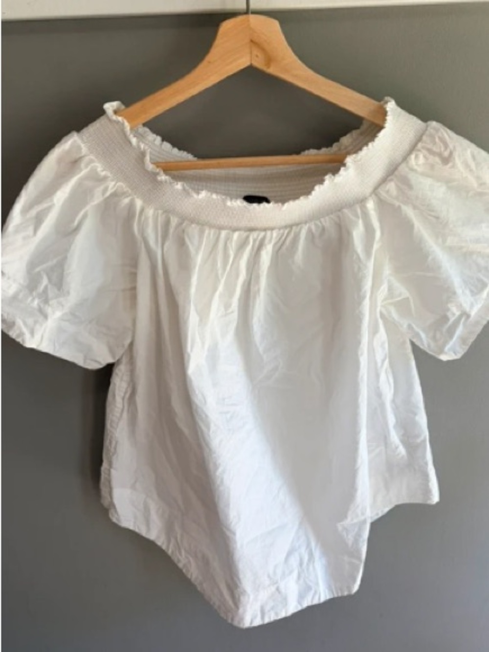 J. Crew White Smocked Off-Shoulder Puff Sleeve Top